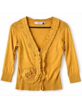 Sparrow Button Front Cardigan Sweater Ruffle Yellow Cotton Knit XS
